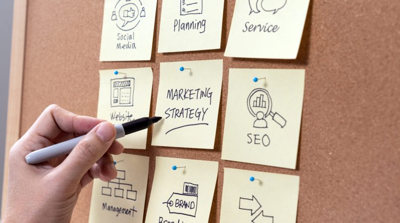 Marketing strategy planning with keywords and icons for business success concept